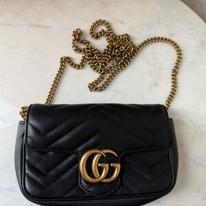 Black Quilted Leather Bag with Gold Chain